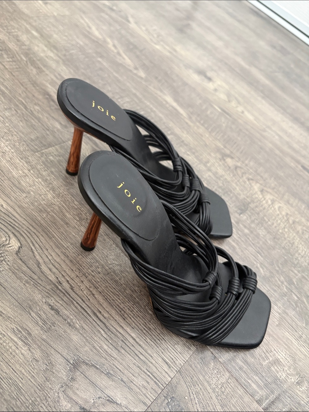 Joie Black Strappy Mule Heels with Wood-Tone Heel